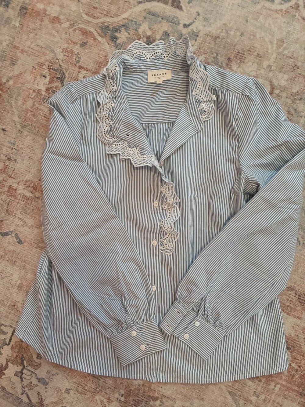 Sezane Chlo Blouse Button Down Shirt Blue Stripe 100% cotton sz 38 or 6 - Picture 7 of 10